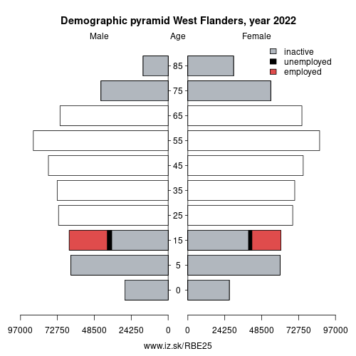 demographic pyramid BE25 West Flanders based on economic activity – employed, unemploye, inactive