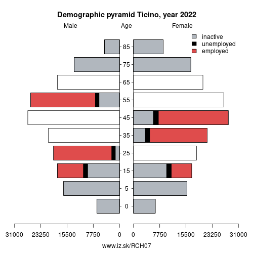 demographic pyramid CH07 Ticino based on economic activity – employed, unemploye, inactive