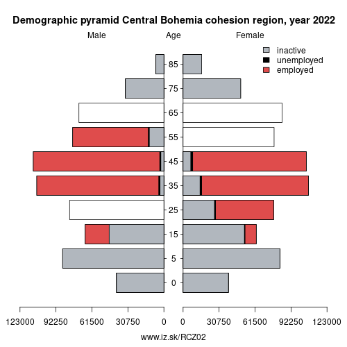 demographic pyramid CZ02 Central Bohemia cohesion region based on economic activity – employed, unemploye, inactive