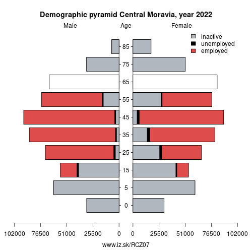 demographic pyramid CZ07 Central Moravia based on economic activity – employed, unemploye, inactive