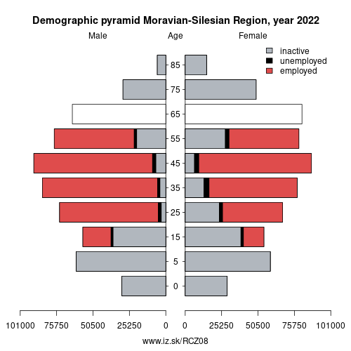 demographic pyramid CZ08 Moravian-Silesian Region based on economic activity – employed, unemploye, inactive