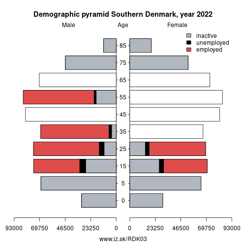 demographic pyramid DK03 Southern Denmark based on economic activity – employed, unemploye, inactive