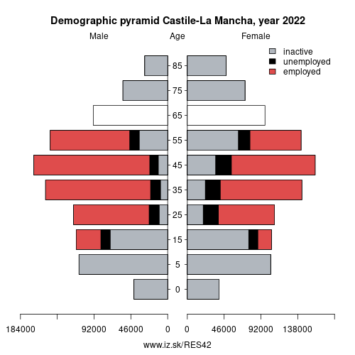 demographic pyramid ES42 Castile-La Mancha based on economic activity – employed, unemploye, inactive