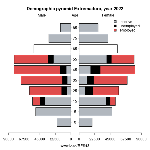 demographic pyramid ES43 Extremadura based on economic activity – employed, unemploye, inactive
