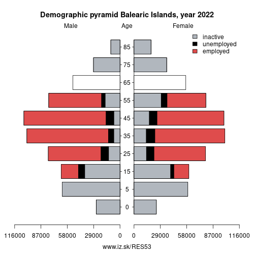 demographic pyramid ES53 Balearic Islands based on economic activity – employed, unemploye, inactive