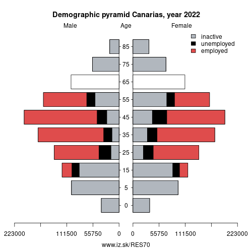 demographic pyramid ES70 Canarias based on economic activity – employed, unemploye, inactive