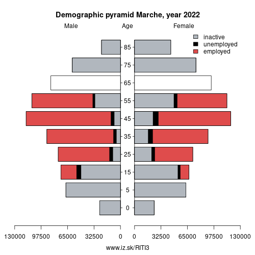 demographic pyramid ITI3 Marche based on economic activity – employed, unemploye, inactive