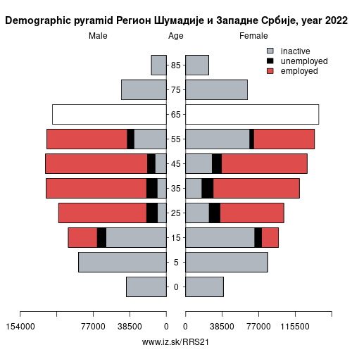 demographic pyramid RS21 Регион Шумадије и Западне Србије based on economic activity – employed, unemploye, inactive