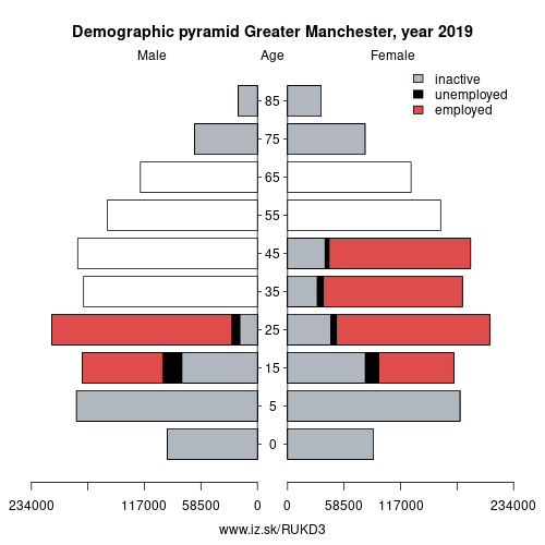 demographic pyramid UKD3 Greater Manchester based on economic activity – employed, unemploye, inactive