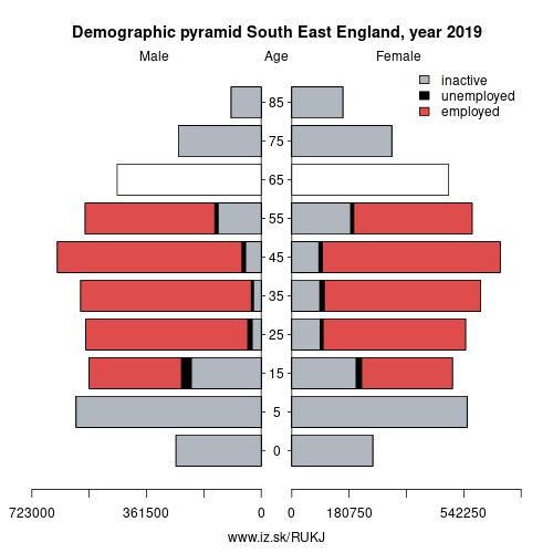 demographic pyramid UKJ South East England based on economic activity – employed, unemploye, inactive