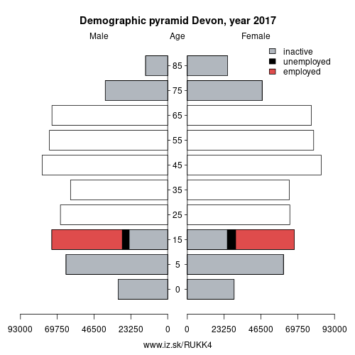demographic pyramid UKK4 Devon based on economic activity – employed, unemploye, inactive