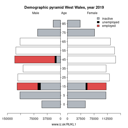 demographic pyramid UKL1 West Wales based on economic activity – employed, unemploye, inactive