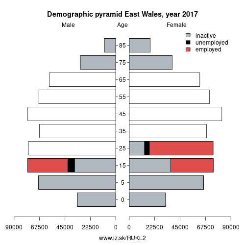 demographic pyramid UKL2 East Wales based on economic activity – employed, unemploye, inactive