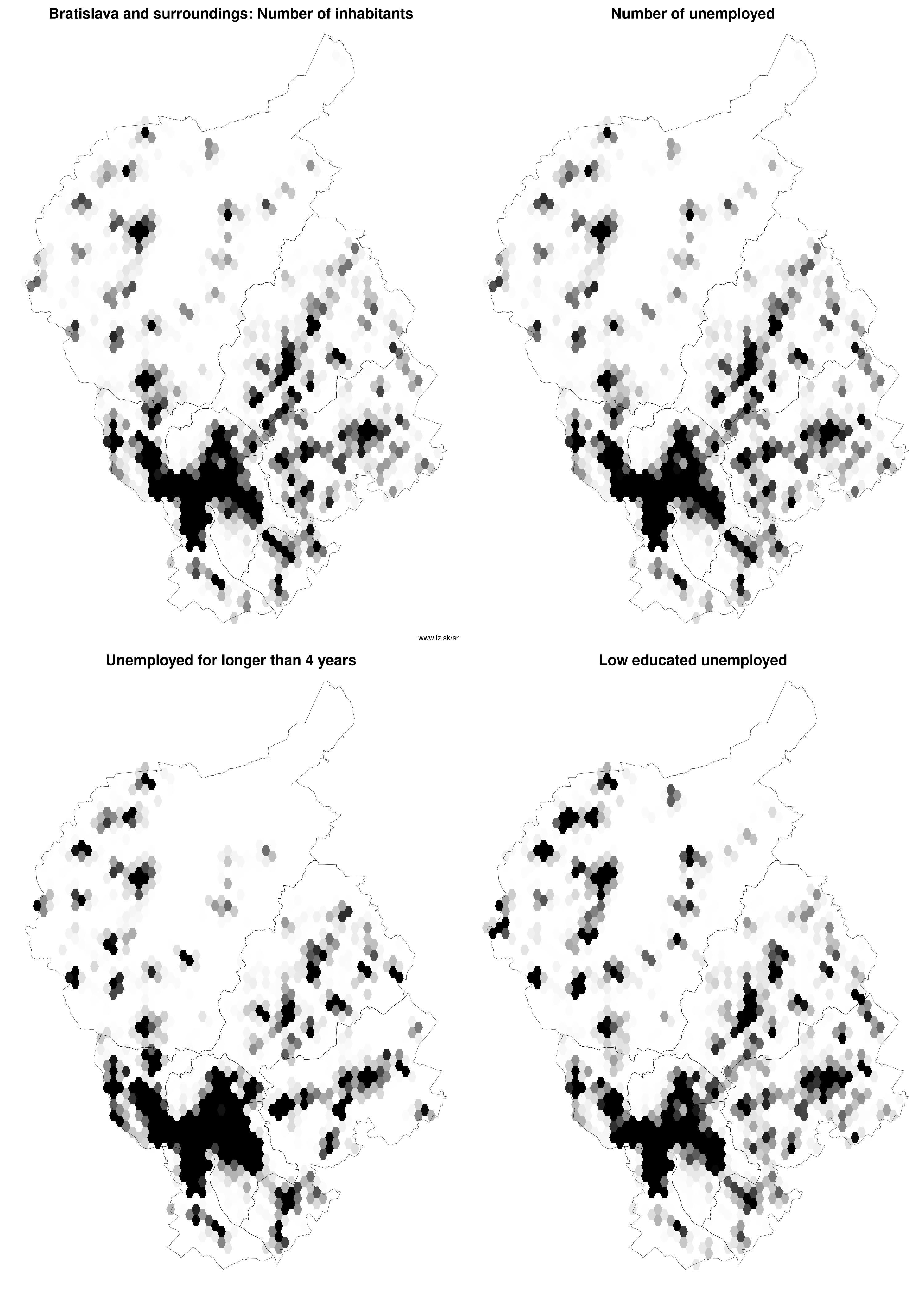 Bratislava and surroundings number of inhabitants, unemployed for longer than 4 years, low educated unemployed
