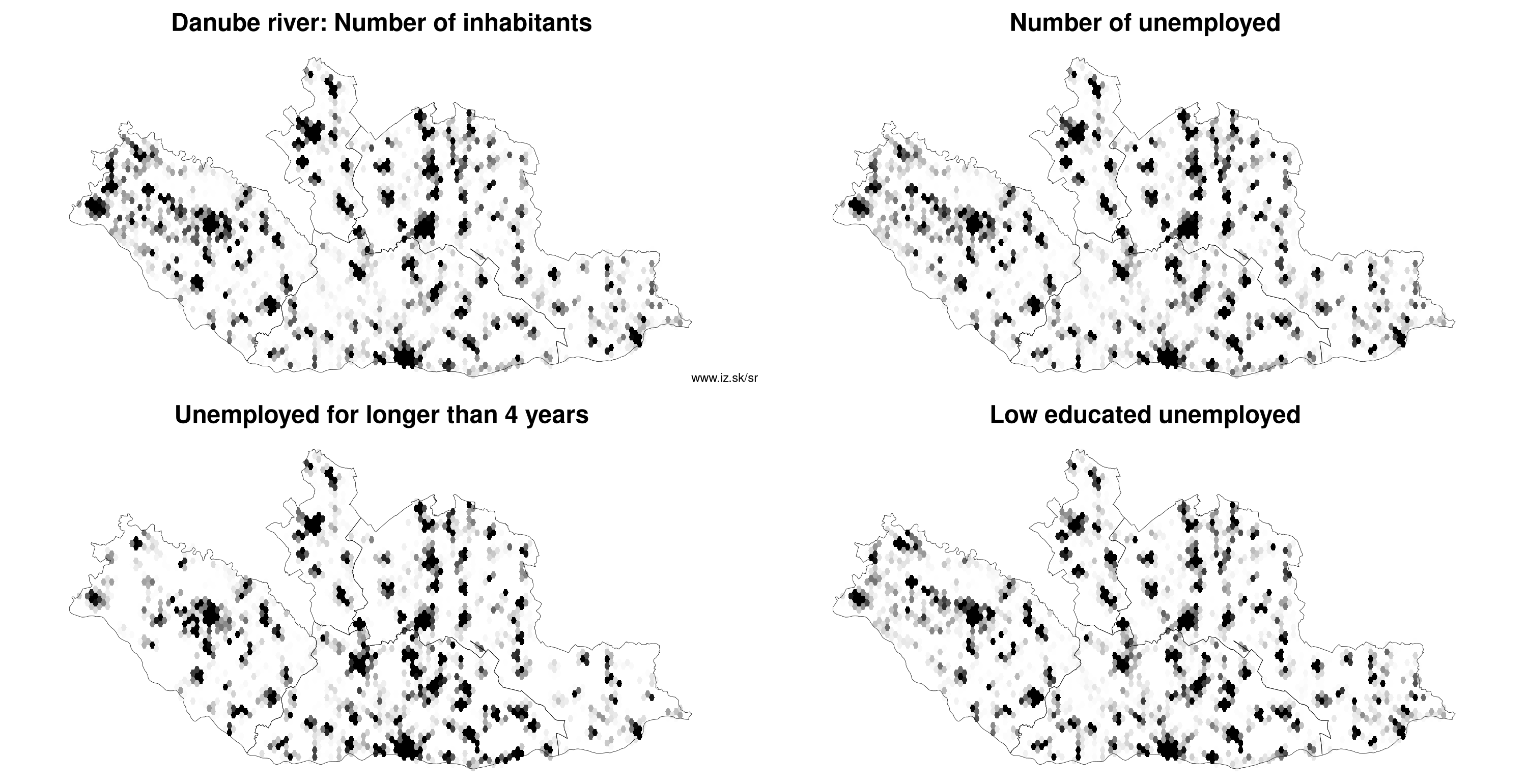 Danube river number of inhabitants, unemployed for longer than 4 years, low educated unemployed