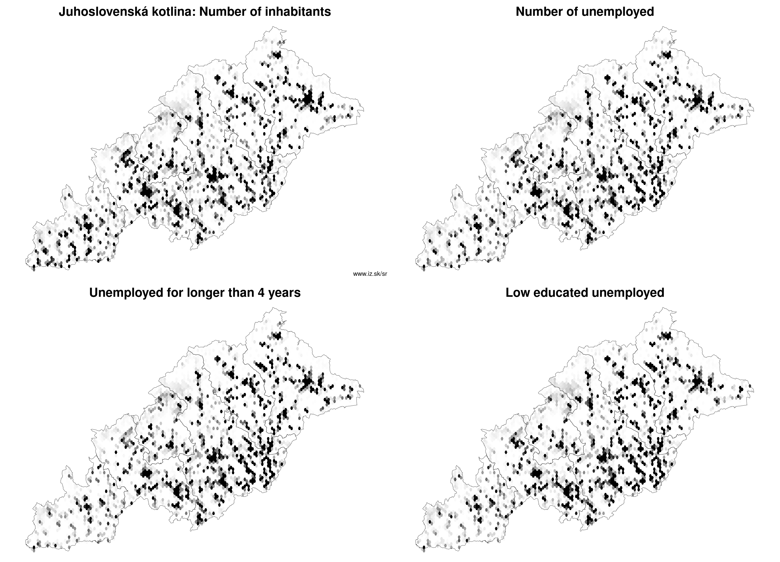 Juhoslovenská kotlina number of inhabitants, unemployed for longer than 4 years, low educated unemployed