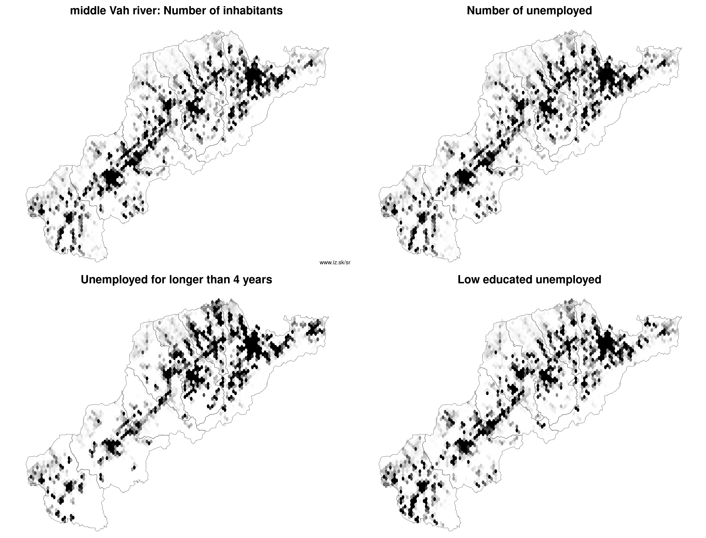 middle Vah river number of inhabitants, unemployed for longer than 4 years, low educated unemployed