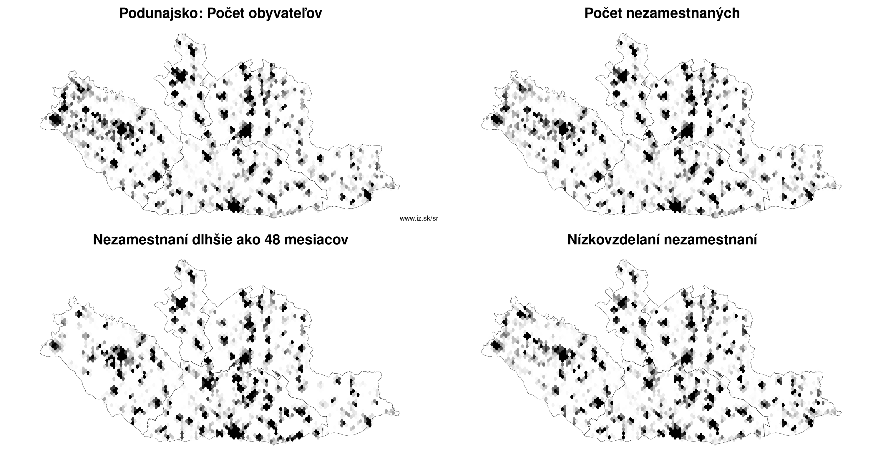 Podunajsko počet obyvateľov, nezamest­naní dlhšie ako 48 mesiacov, nízkovzdelaní nezamest­naní