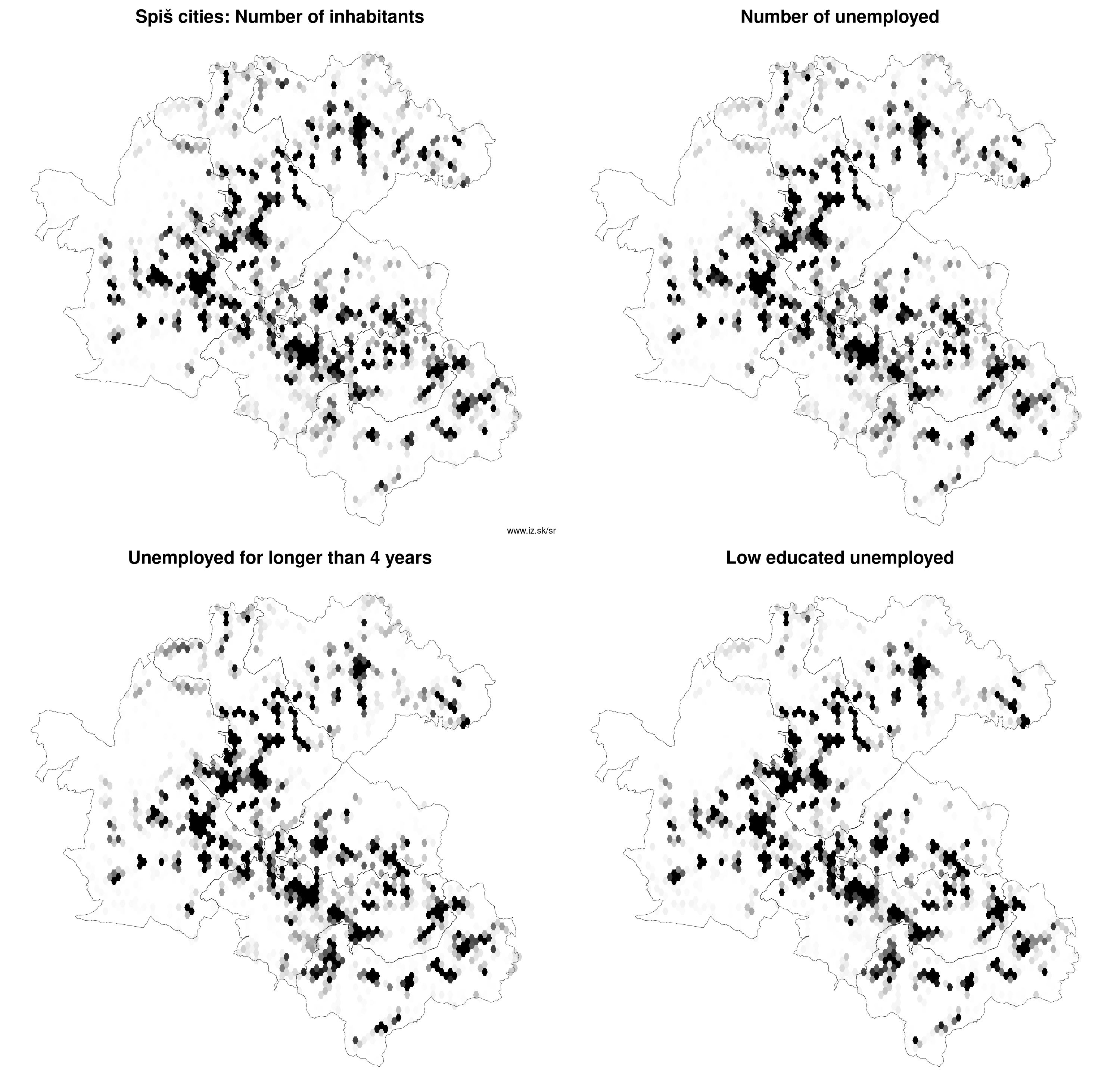 Spiš cities number of inhabitants, unemployed for longer than 4 years, low educated unemployed