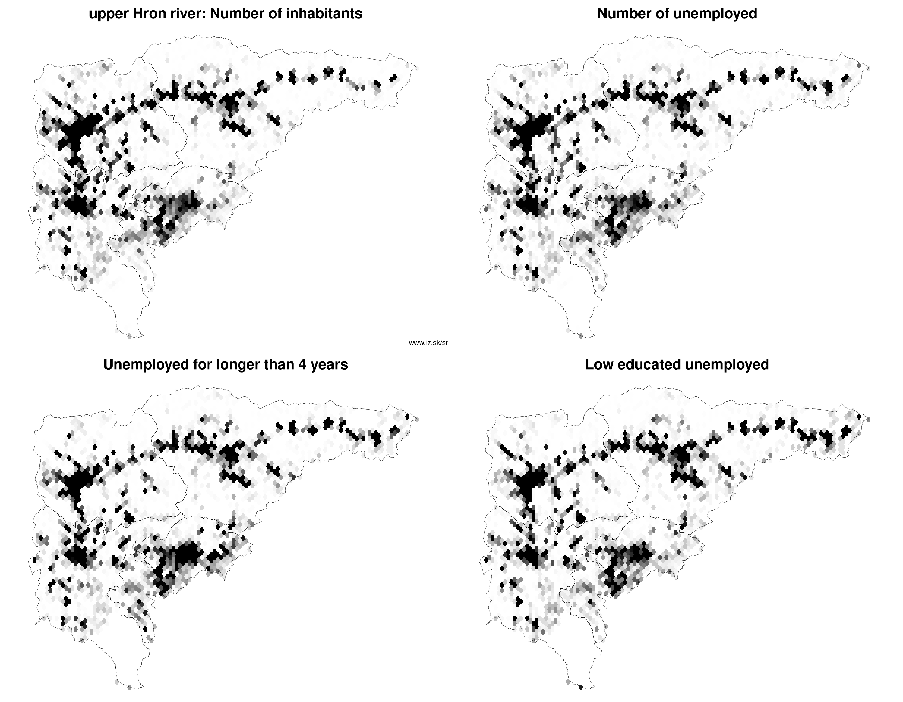 upper Hron river number of inhabitants, unemployed for longer than 4 years, low educated unemployed