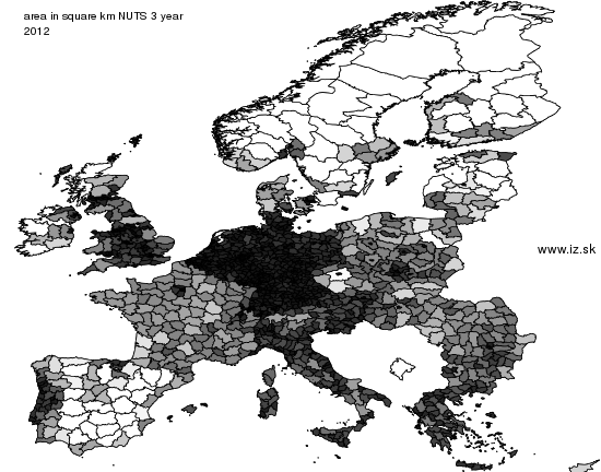 mapa vyvoja area in square km NUTS 3 v nuts 3