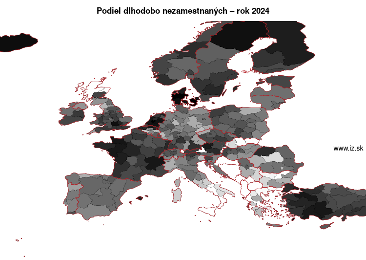 mapa podiel dlhodobo nezamestnaných v nuts 2