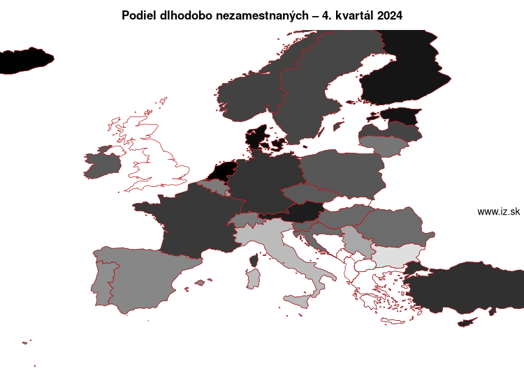 mapa podiel dlhodobo nezamestnaných v nuts 0