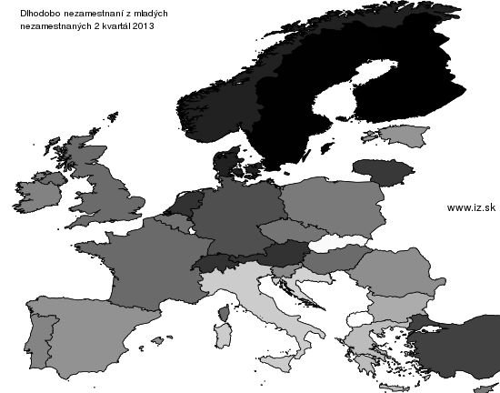 mapa vyvoja Dlhodobo nezamestnaní z mladých nezamestnaných v nuts 0