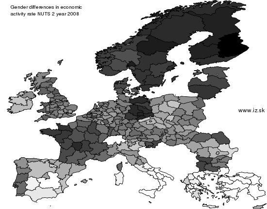 mapa vyvoja Gender differences in economic activity rate
 NUTS 2 v nuts 2