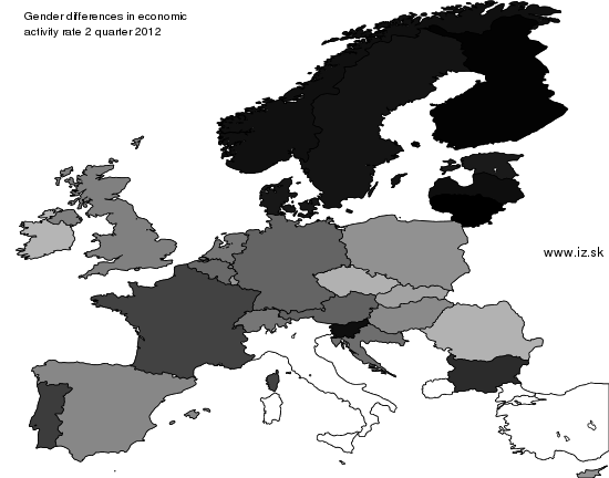 mapa vyvoja Gender differences in economic activity rate v nuts 0