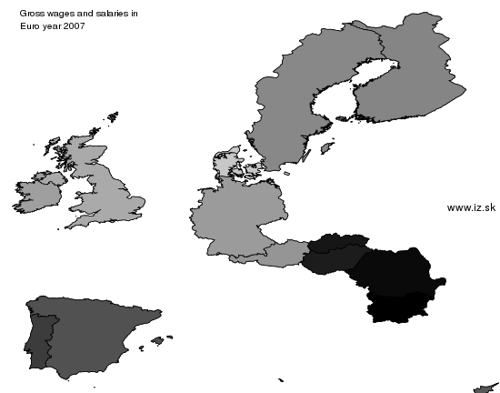 mapa vyvoja Gross wages and salaries in Euro v nuts 0