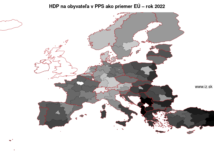 mapa HDP na obyvateľa v PPS ako priemer EÚ v nuts 1