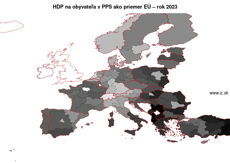 mapa HDP na obyvateľa v PPS ako priemer EÚ v nuts 1