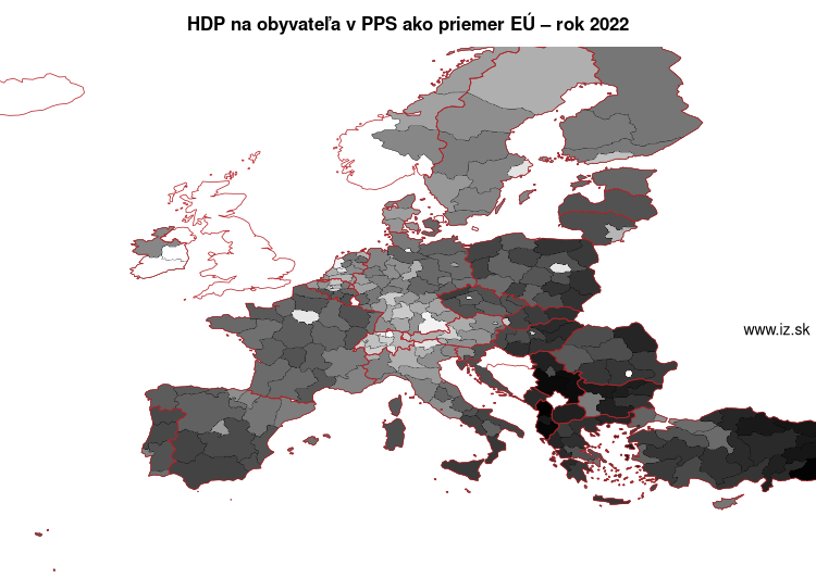 mapa HDP na obyvateľa v PPS ako priemer EÚ v nuts 2