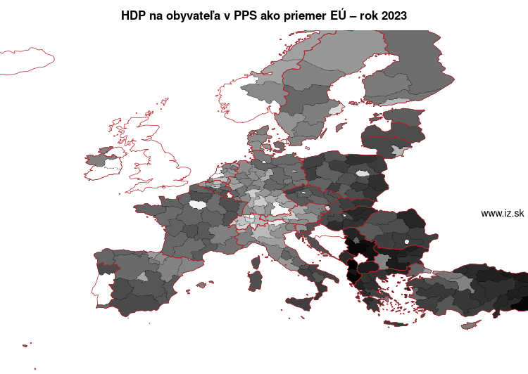 mapa HDP na obyvateľa v PPS ako priemer EÚ v nuts 2