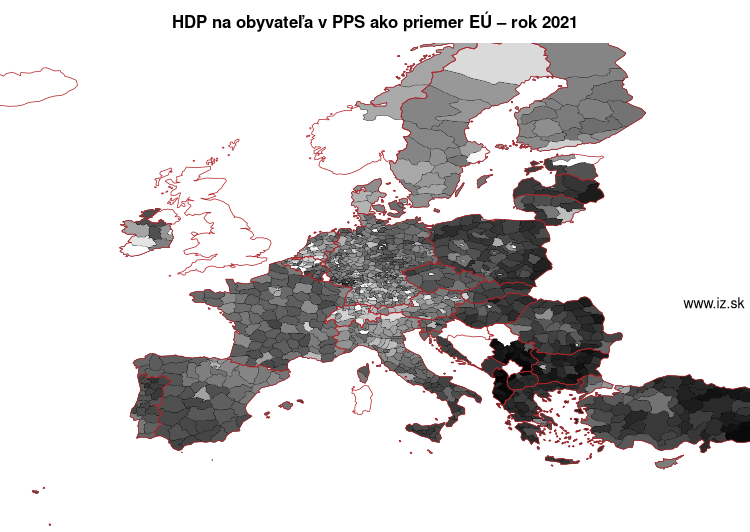 mapa HDP na obyvateľa v PPS ako priemer EÚ v nuts 3