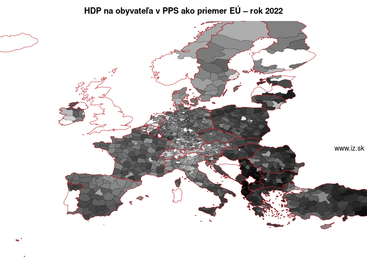 mapa HDP na obyvateľa v PPS ako priemer EÚ v nuts 3