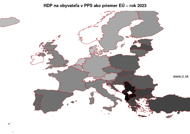 mapa HDP na obyvateľa v PPS ako priemer EÚ v nuts 0