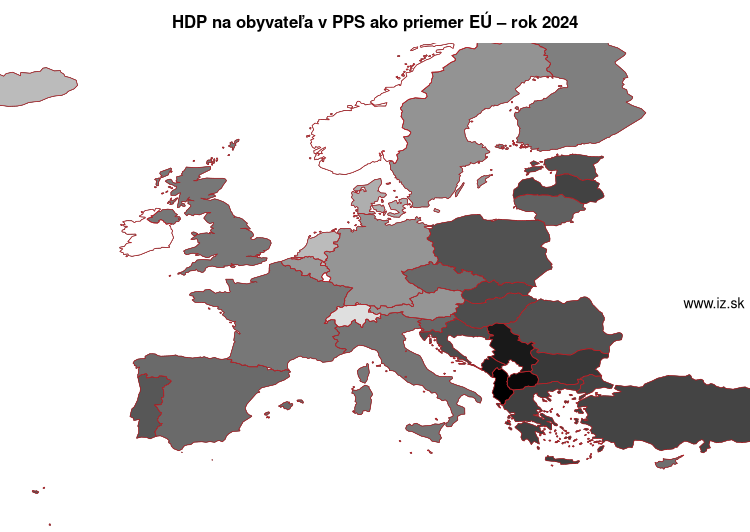 mapa HDP na obyvateľa v PPS ako priemer EÚ v nuts 0