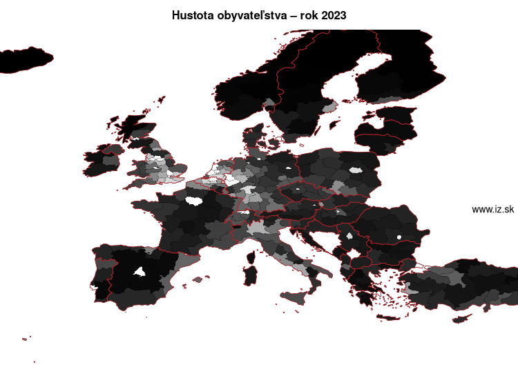 mapa hustota obyvateľstva v nuts 2