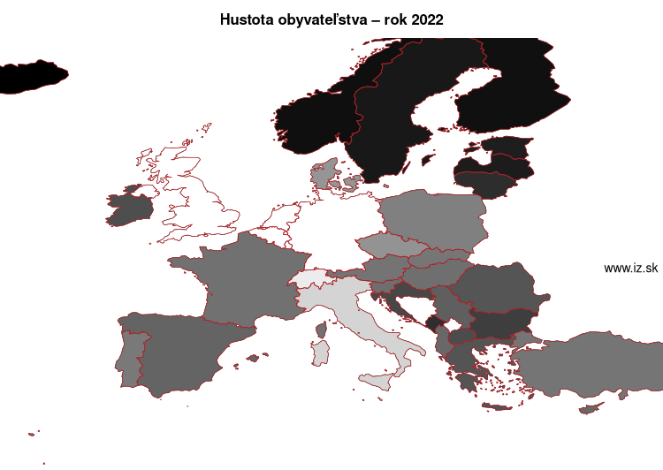 mapa hustota obyvateľstva v nuts 0