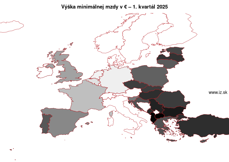 mapa výška minimálnej mzdy v € v nuts 0