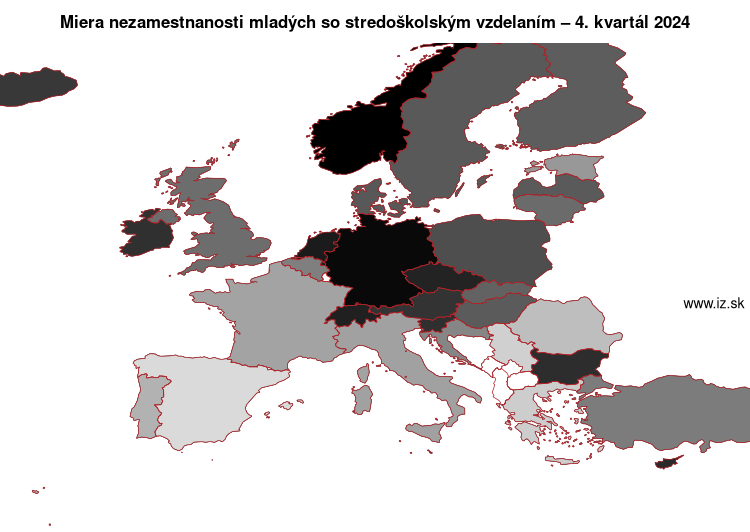 mapa miera nezamestnanosti mladých so stredo­školským vzdelaním v nuts 0