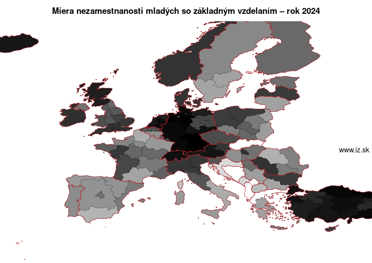 mapa miera nezamestnanosti mladých so základným vzdelaním v nuts 1