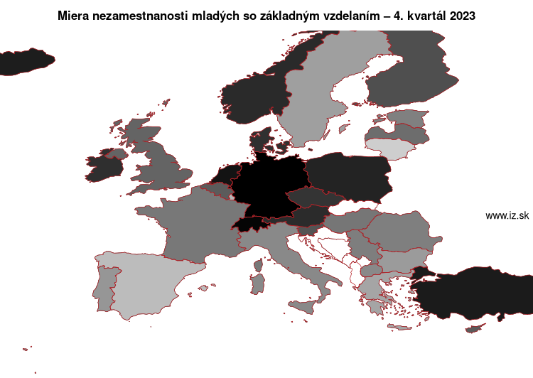 mapa miera nezamestnanosti mladých so základným vzdelaním v nuts 0