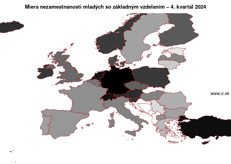 mapa miera nezamestnanosti mladých so základným vzdelaním v nuts 0