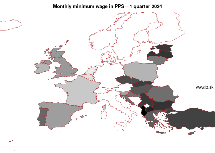 map monthly minimum wage in PPS in nuts 0