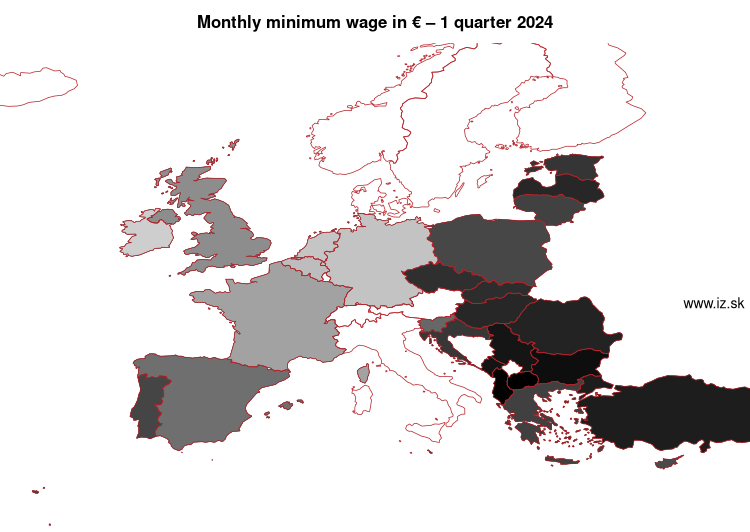 map monthly minimum wage in € in nuts 0