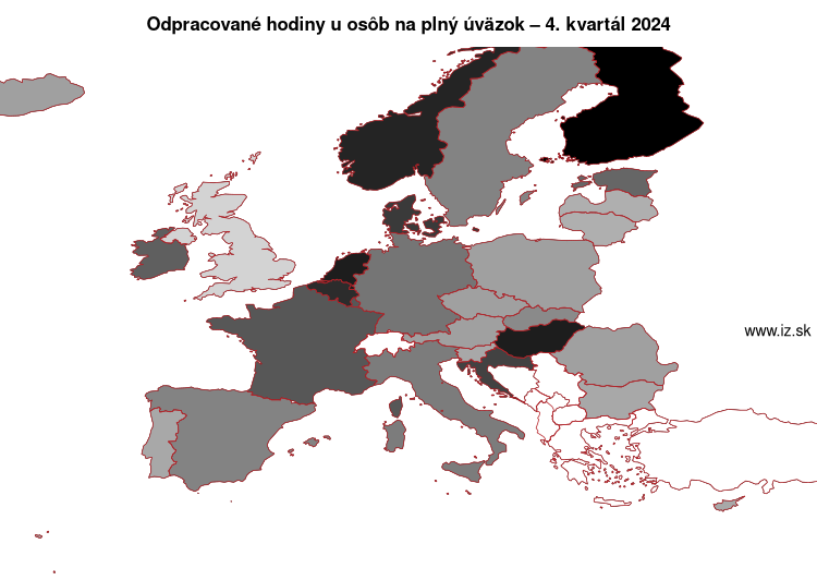 mapa odpracované hodiny u osôb na plný úväzok v nuts 0