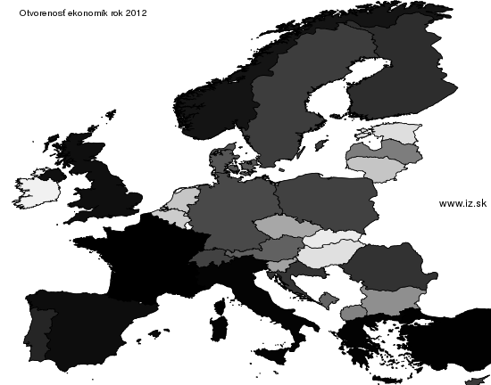 mapa vyvoja Otvorenosť ekonomík v nuts 0